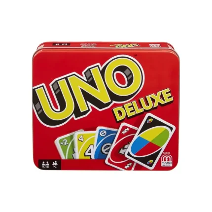 UNO Deluxe, Jeu de 108 cartes avec boîte solide en métal colorée, 2 à 10 joueurs -individuellement ou par équipes, Jouet Enfant, Dès 7 ans, K0888