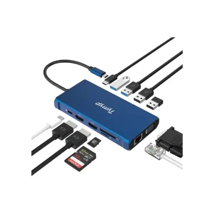 Tymyp Hub USB C 12 en 1, Station d'accueil USB C, Adaptateur Triple Affichage avec Gigabit Ethernet, 2 x USB 3.0, 2 x USB 2.0, Type C PD, USB-C 3.0, 2 x 4K HDMI, VGA, Lecture Carte SD/TF