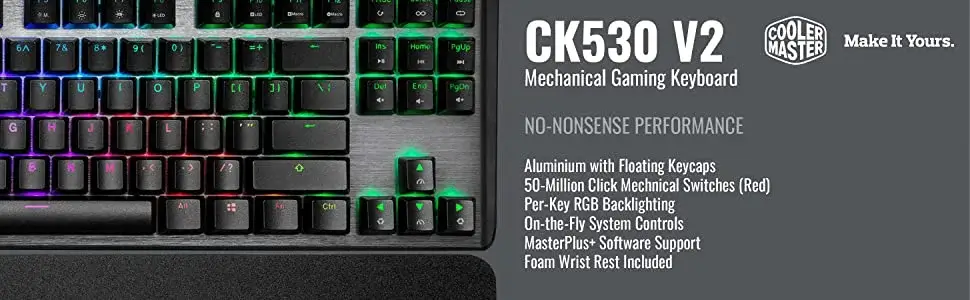 Cooler Master CK530 V2 Clavier gaming mécanique sans pavé numérique - rétro-éclairage RGB, contrôle à la volée, aluminium, repose poignets inclus - AZERTY TKL Français / switches TTC rouges