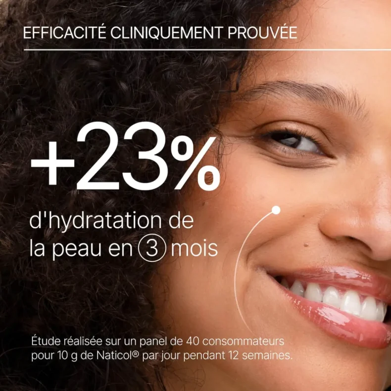 Visuel annonçant +23 % d'hydratation de la peau en 3 mois, étude sur 40 consommateurs avec Naticol