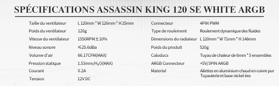 Thermalright Assassin King 120 SE BLANC ARGB Refroidisseur d'air pour processeur, 5 caloducs, TL-C12CW-S PWM Refroidisseur de processeur silencieux pour AMD AM4 AM5/Intel 1150/1151/1155/1200/1700