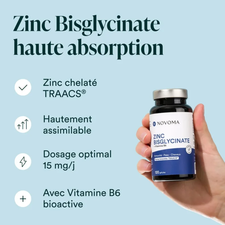 Pot de Zinc Bisglycinate tenu en main : zinc chélaté TRAACS dosé à 15 mg par jour avec vitamine B6