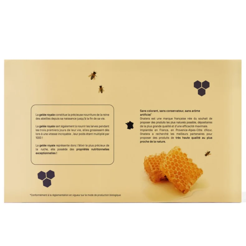 Dos de la boîte de Gelée Royale Bio Onatera : texte sur la gelée royale et présentation de la marque