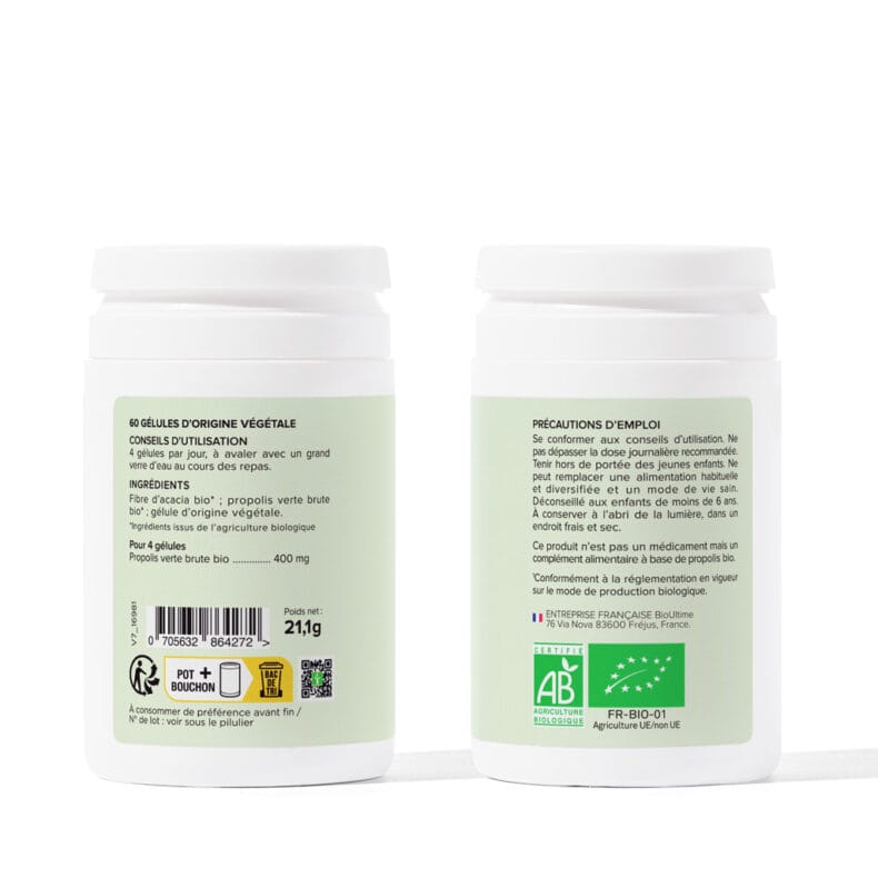 Dos du pilulier de Propolis Verte Bio : 4 gélules par jour, 400 mg de propolis, précautions et logos AB