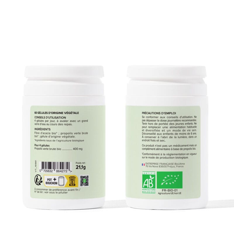 Pilulier de propolis verte bio, 60 gélules d’origine végétale