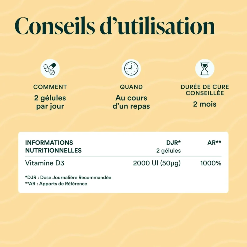Conseils d'utilisation de la Vitamine D3 Novoma : 2 gélules par jour au cours d'un repas, 2000 UI (50 µg)