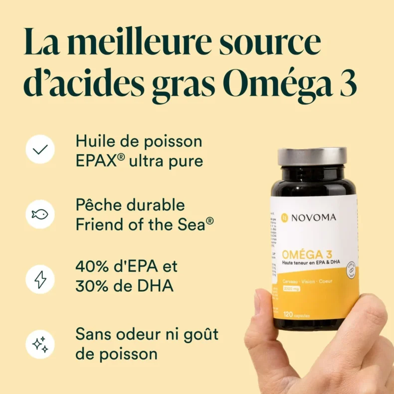 Pot d'Oméga 3 tenu en main : huile de poisson EPAX, 40 % d'EPA et 30 % de DHA