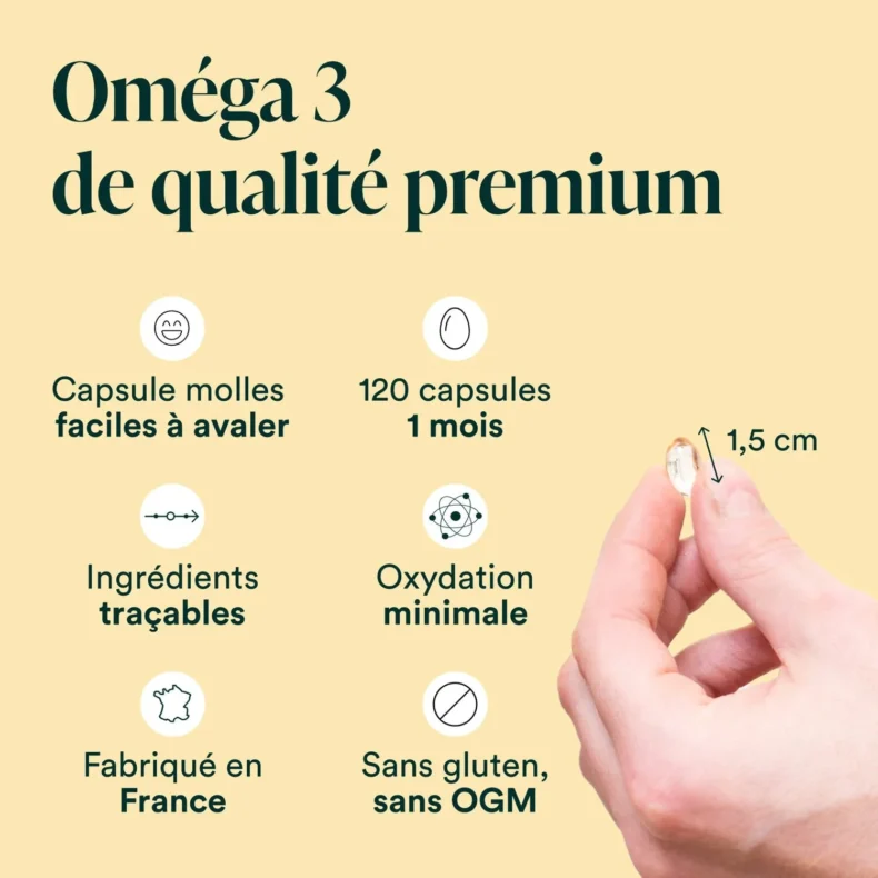 Oméga 3 en capsules molles de 1,5 cm, 120 capsules pour 1 mois, sans gluten ni OGM