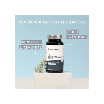 NOVOMA Fer Bisglycinate 14 mg + Vitamine C, Haute Absorption, Immunité & Anti-fatigue, Cure de 3 mois, Complément Alimentaire Fer breveté Ferrochel®, 90 Gélules Vegan, Fabriqué en France