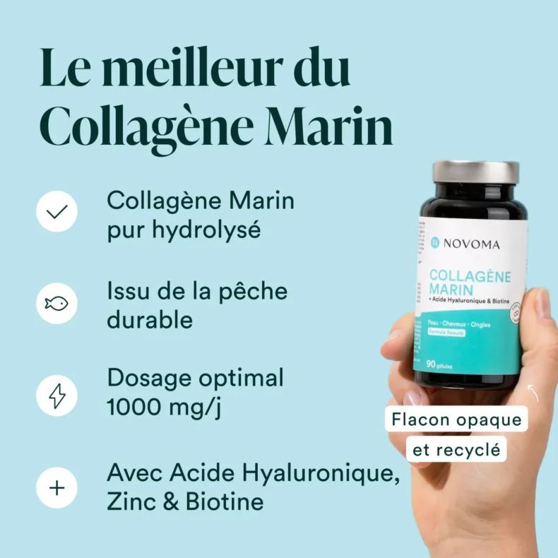 Collagène marin pur hydrolysé, issu de la pêche durable, 1000 mg par jour avec acide hyaluronique, zinc et biotine
