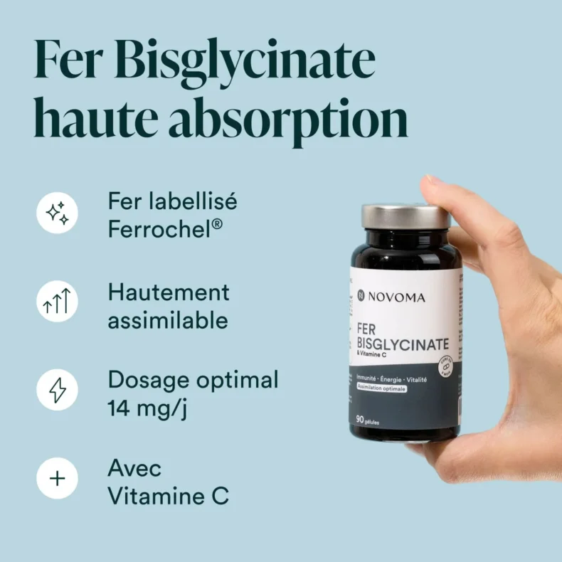 Flacon de Fer Bisglycinate Novoma tenu en main : fer Ferrochel, 14 mg par jour, avec vitamine C