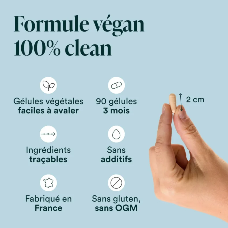 Gélule de Fer Bisglycinate Novoma de 2 cm entre deux doigts, formule végan, 90 gélules pour 3 mois