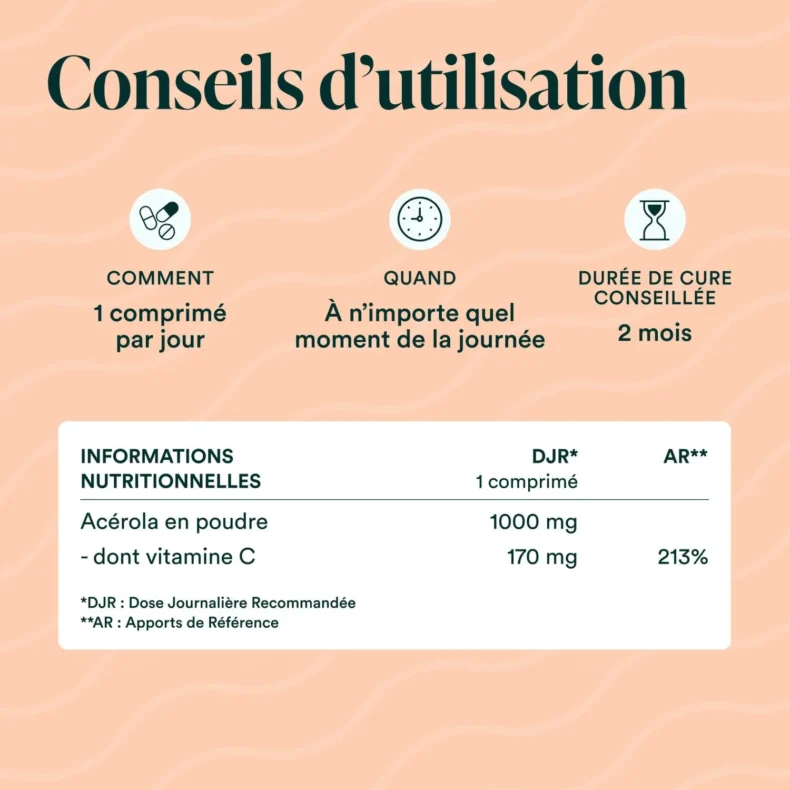 Conseils d'utilisation de l'Acérola Bio : 1 comprimé par jour, dont 170 mg de vitamine C