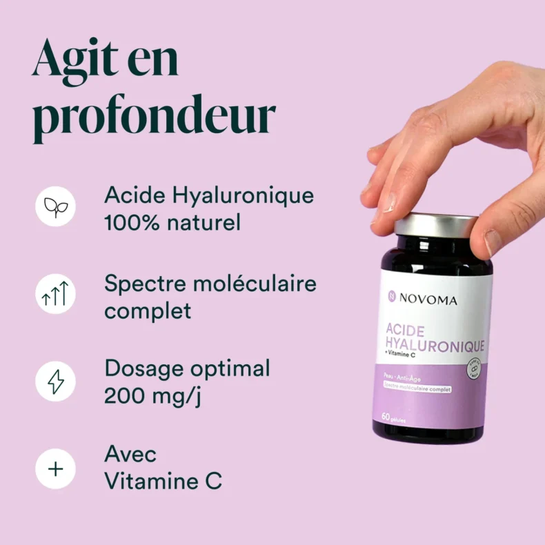 Pot d'Acide Hyaluronique tenu en main, dosage de 200 mg par jour avec vitamine C