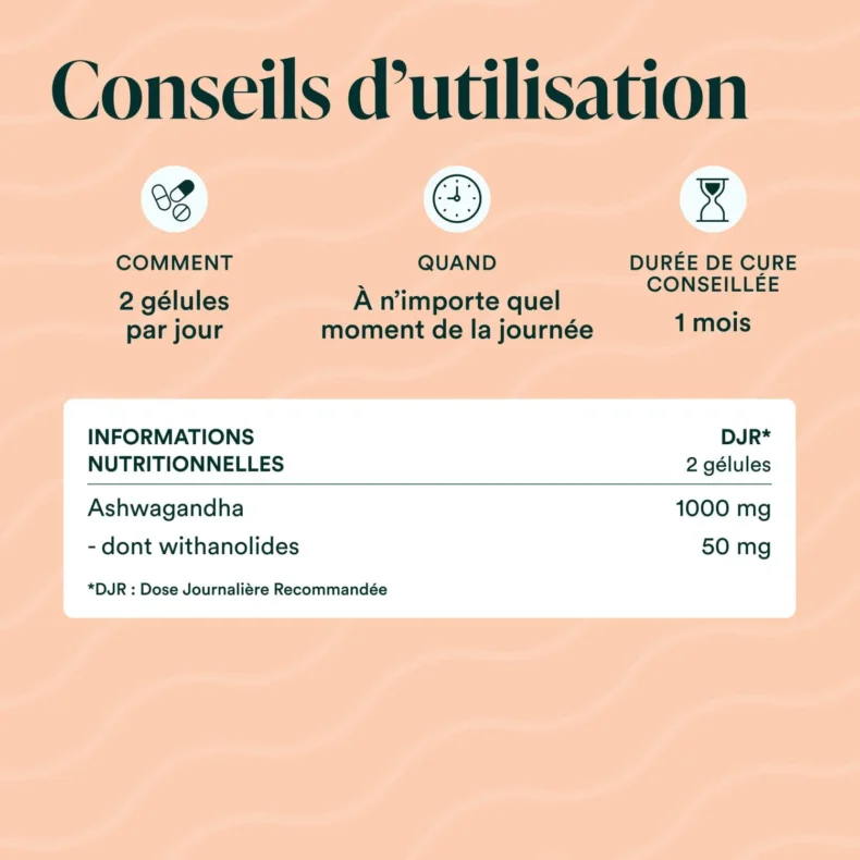 Conseils d'utilisation de l'Ashwagandha : 2 gélules par jour, cure de 1 mois, 1000 mg dont 50 mg de withanolides
