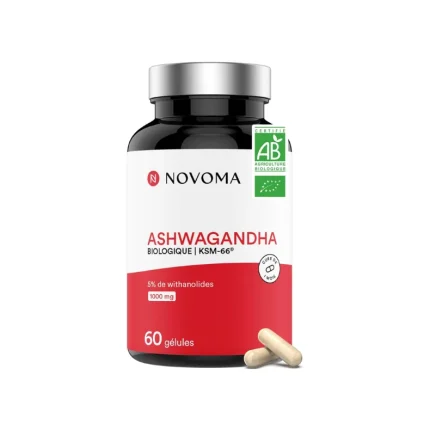 NOVOMA Ashwagandha KSM-66® 1000 mg, Anti-stress & Sommeil, 5% de Withanolides, 60 Gélules Vegan, Fabriqué en France