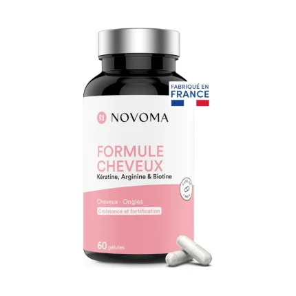 NOVOMA Formule Cheveux, Pousse & Fortification des Cheveux, Complément Alimentaire avec Biotine, Kératine, Sélénium, Zinc & Roquette, Cure de 1 mois, 60 Gélules Vegan, Fabriqué en France