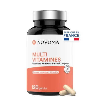 NOVOMA Multivitamines et Minéraux, 29 Vitamines & Minéraux A B C D3 E K2 + Magnésium & Zinc, 120 gélules, Complément Alimentaire Immunité pour Femme et Homme, Fabriqué en France