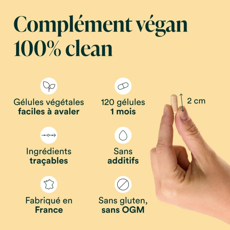 Gélule de Multivitamines Novoma de 2 cm entre deux doigts, complément végan, 120 gélules pour 1 mois