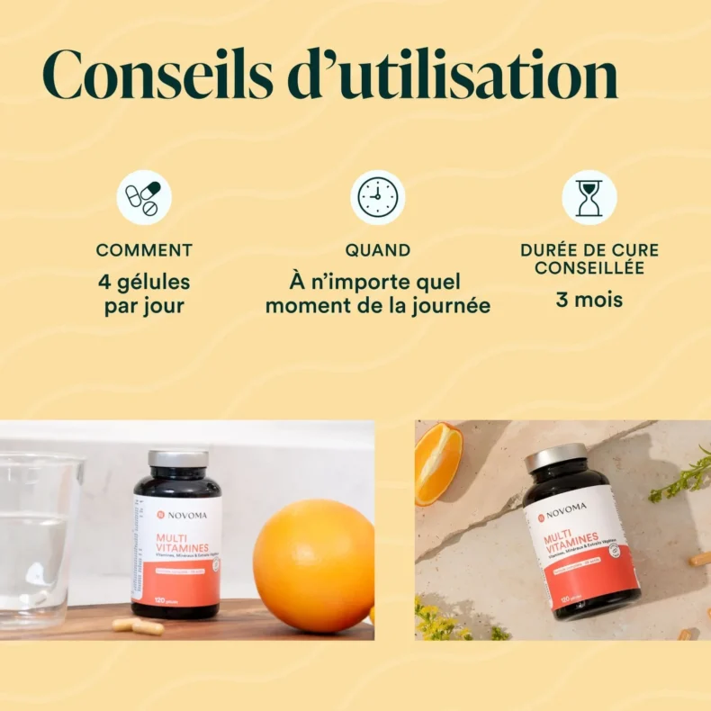Conseils d'utilisation des Multivitamines Novoma : 4 gélules par jour, cure conseillée de 3 mois