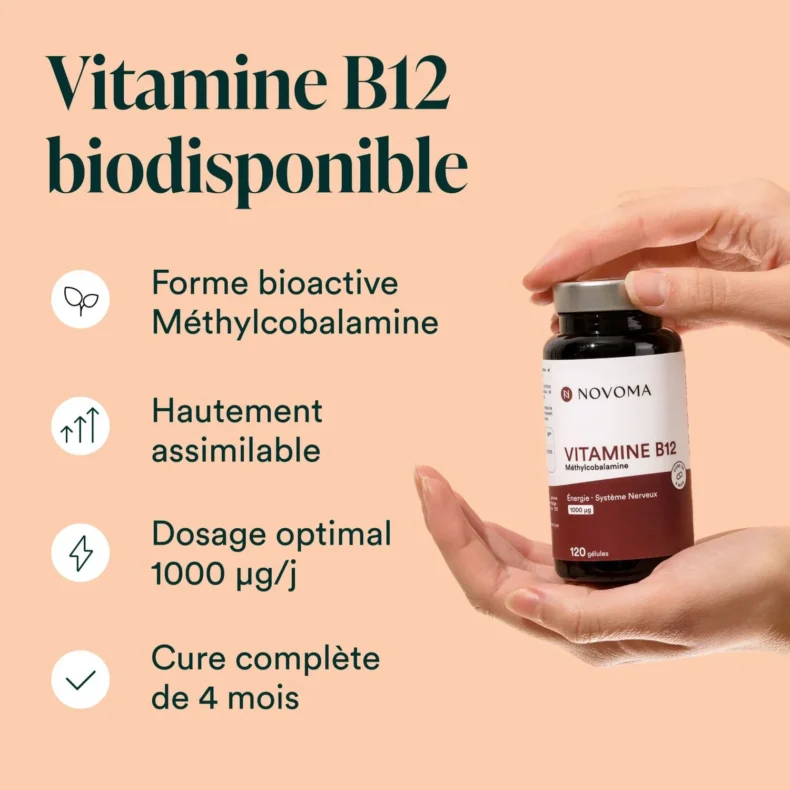 Vitamine B12 biodisponible : forme méthylcobalamine, 1000 µg par jour, cure complète de 4 mois