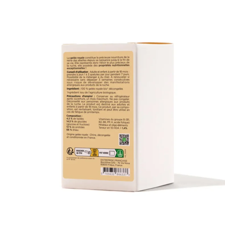 Dos de l'étui de la Gelée royale pure Bio : conseils d'utilisation, précautions et composition