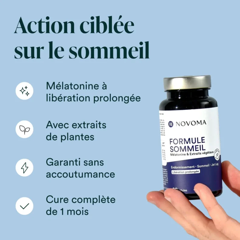 Pot de Formule Sommeil tenu en main, mélatonine à libération prolongée et extraits de plantes