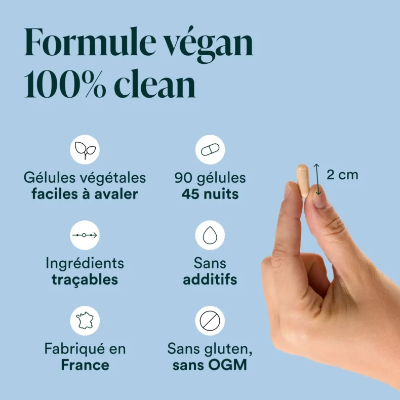 Formule Sommeil végane : 90 gélules végétales de 2 cm pour 45 nuits, sans gluten ni OGM