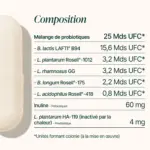 Tableau de composition des Probiotiques Novoma avec les UFC de chaque souche, l'inuline et le postbiotique