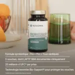 Flacon de Probiotiques Novoma nouvelle formule : 5 souches, 25 milliards d'UFC, pré, pro et postbiotique