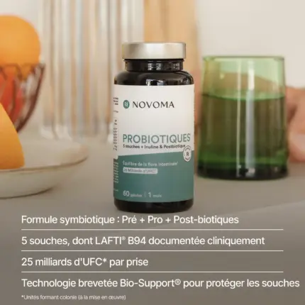 Flacon de Probiotiques Novoma nouvelle formule : 5 souches, 25 milliards d'UFC, pré, pro et postbiotique