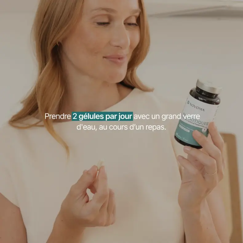 Conseils d'utilisation des Probiotiques Novoma : 2 gélules par jour avec un grand verre d'eau au cours d'un repas