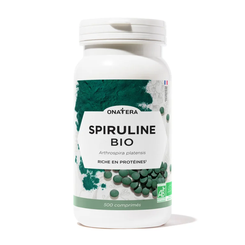 Pilulier de Spiruline Bio Onatera en format 500 comprimés, avec comprimés verts sur l'étiquette