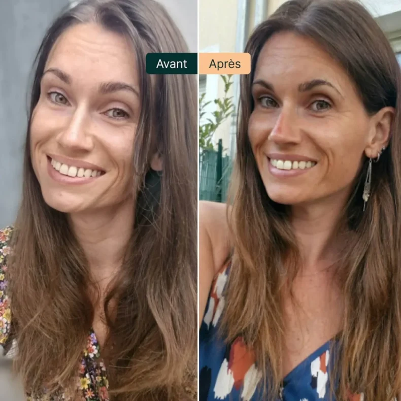 Comparaison avant et après d'une femme aux cheveux longs montrant un teint plus doré, utilisation de la Formule Soleil