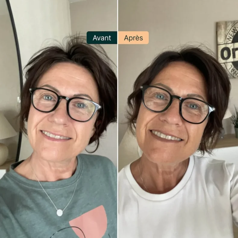 Comparaison avant et après d'une femme à lunettes montrant un teint plus hâlé, utilisation de la Formule Soleil