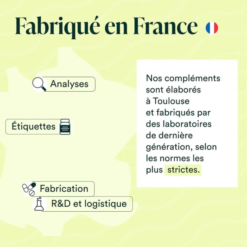 Infographie Fabriqué en France de Novoma : analyses, étiquettes, fabrication, R&D et logistique à Toulouse