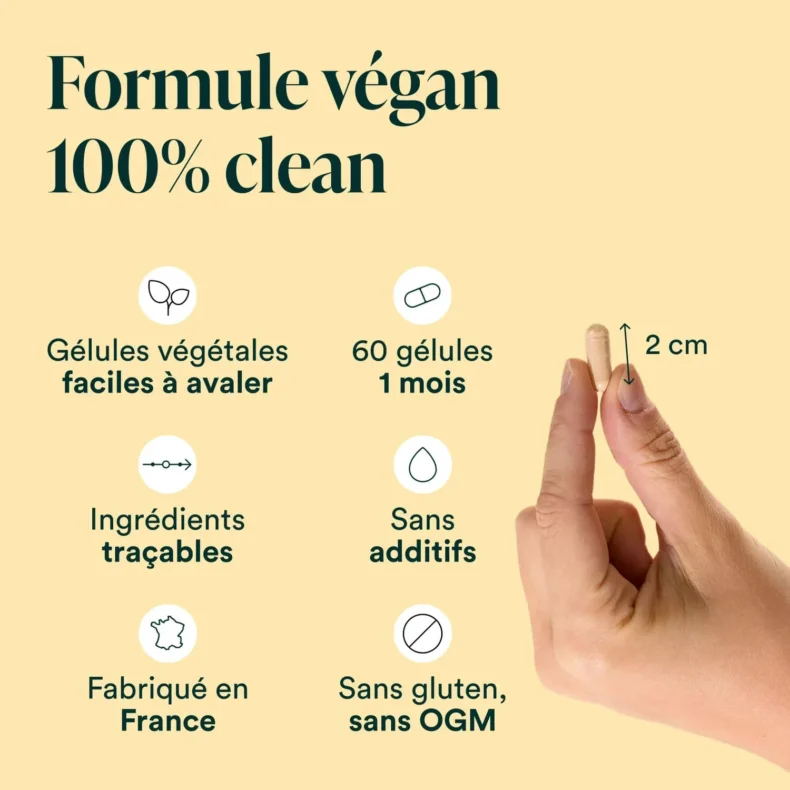 Formule Soleil végane : gélules végétales de 2 cm, 60 gélules pour 1 mois, sans gluten ni OGM