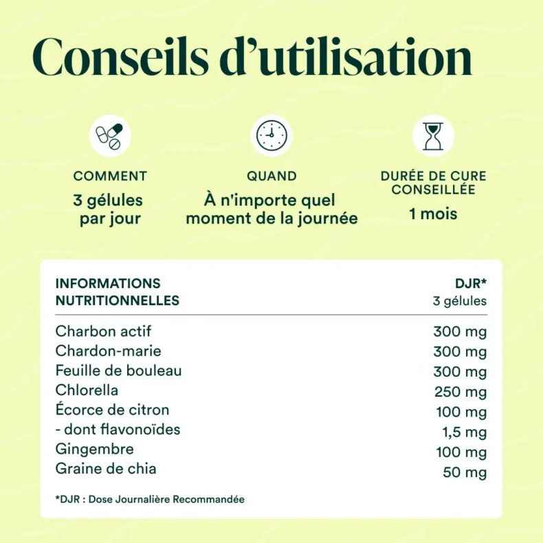 Conseils d'utilisation de la Formule Détox Bio : 3 gélules par jour pendant 1 mois, avec tableau de composition